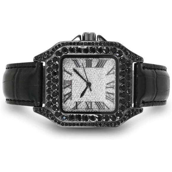 NEW Iced Out Black Leather Watch - Picture 4 of 5